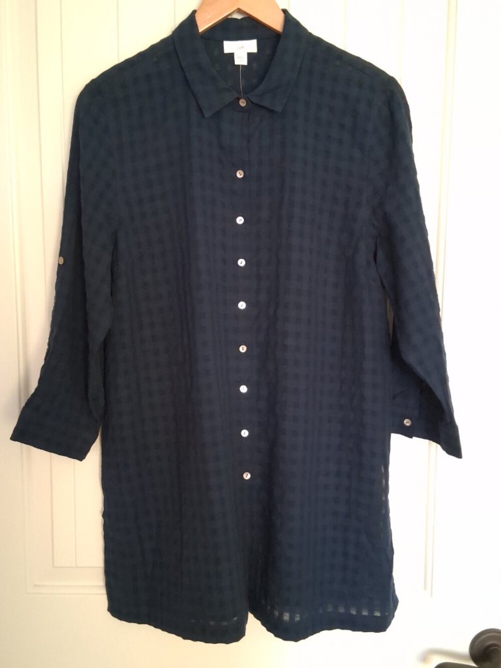NWT J. Jill Button Up 3/4 Sleeve Cotton Top Tonal Check Navy Blue Size M